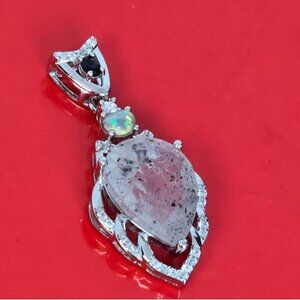 925 Sterling Silver Pendant with Natural Tourmalated Rose Quartz & White Opal